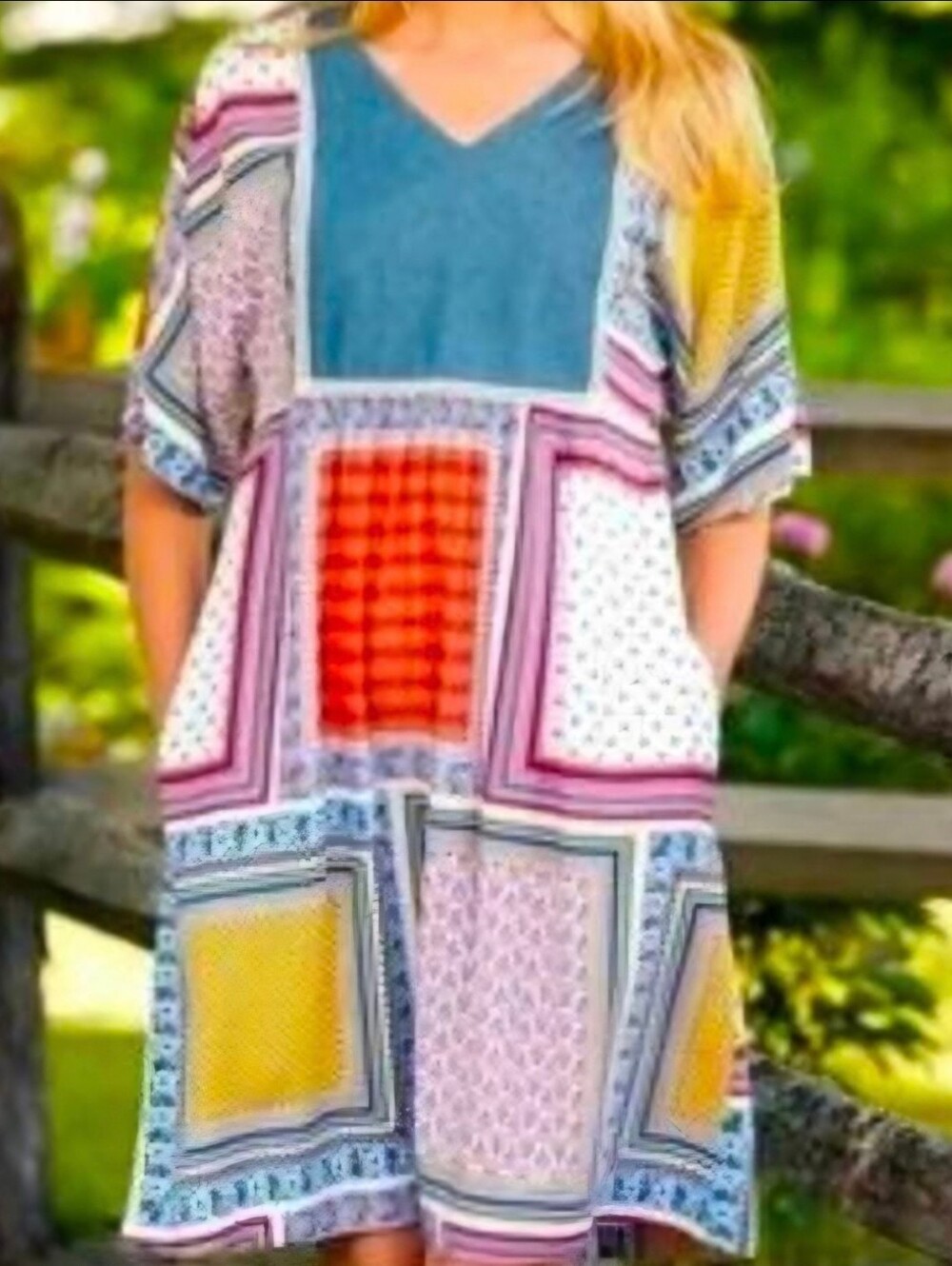 Patchwork Print V-Neck Women’s Dress with Denim Yoke